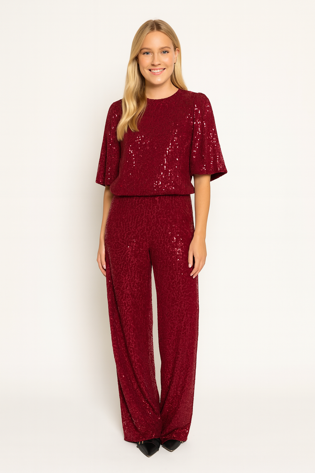 Loovay Dames Velvet Sequin Top – Bourgondisch Rood, Pofmouw, Luxe Party Sparkle