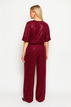 Loovay Dames Velvet Sequin Top – Bourgondisch Rood, Pofmouw, Luxe Party Sparkle