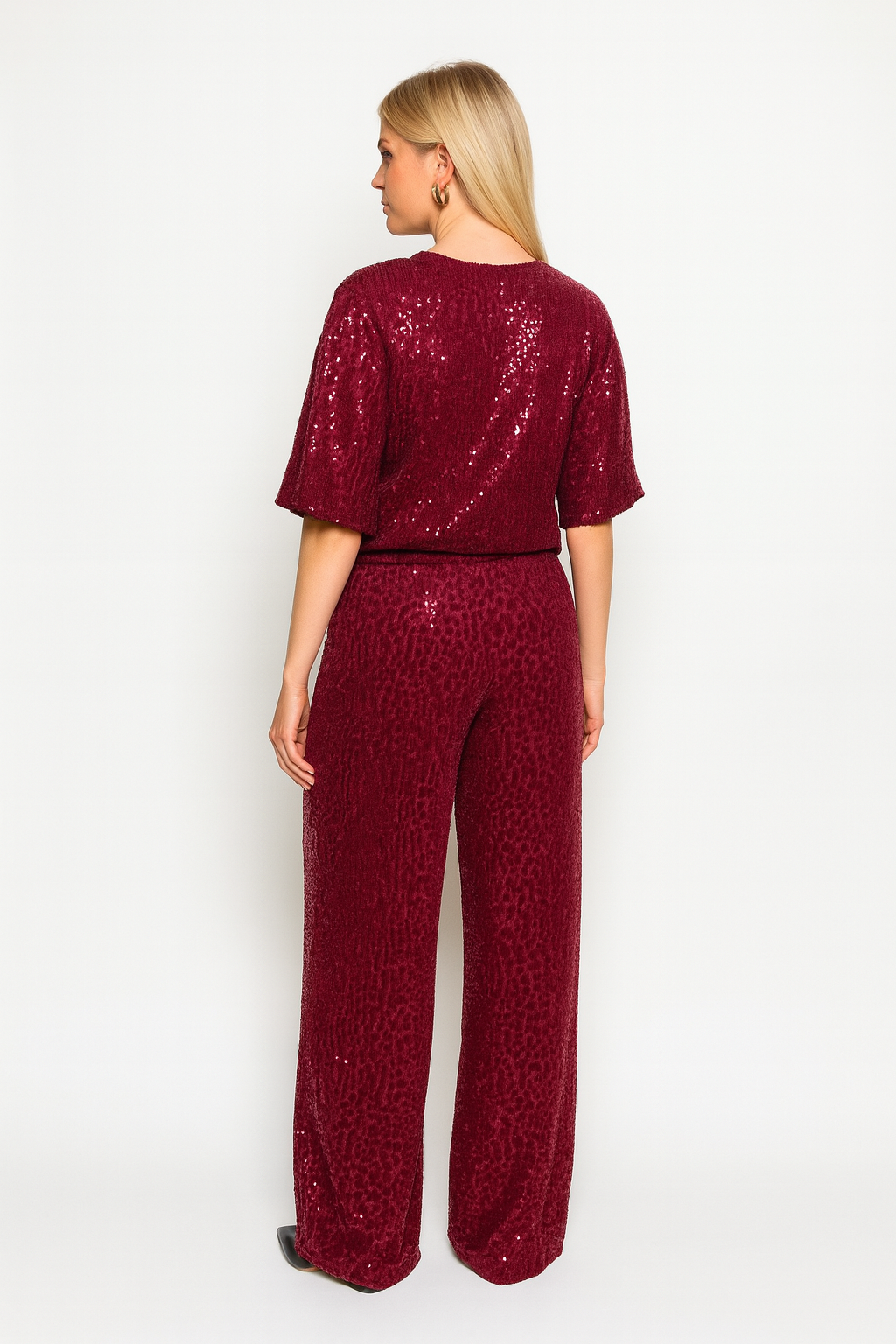 Loovay Dames Velvet Sequin Top – Bourgondisch Rood, Pofmouw, Luxe Party Sparkle