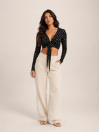Loovay Floriva Top, Crop Top met Bloemenprint en Strik