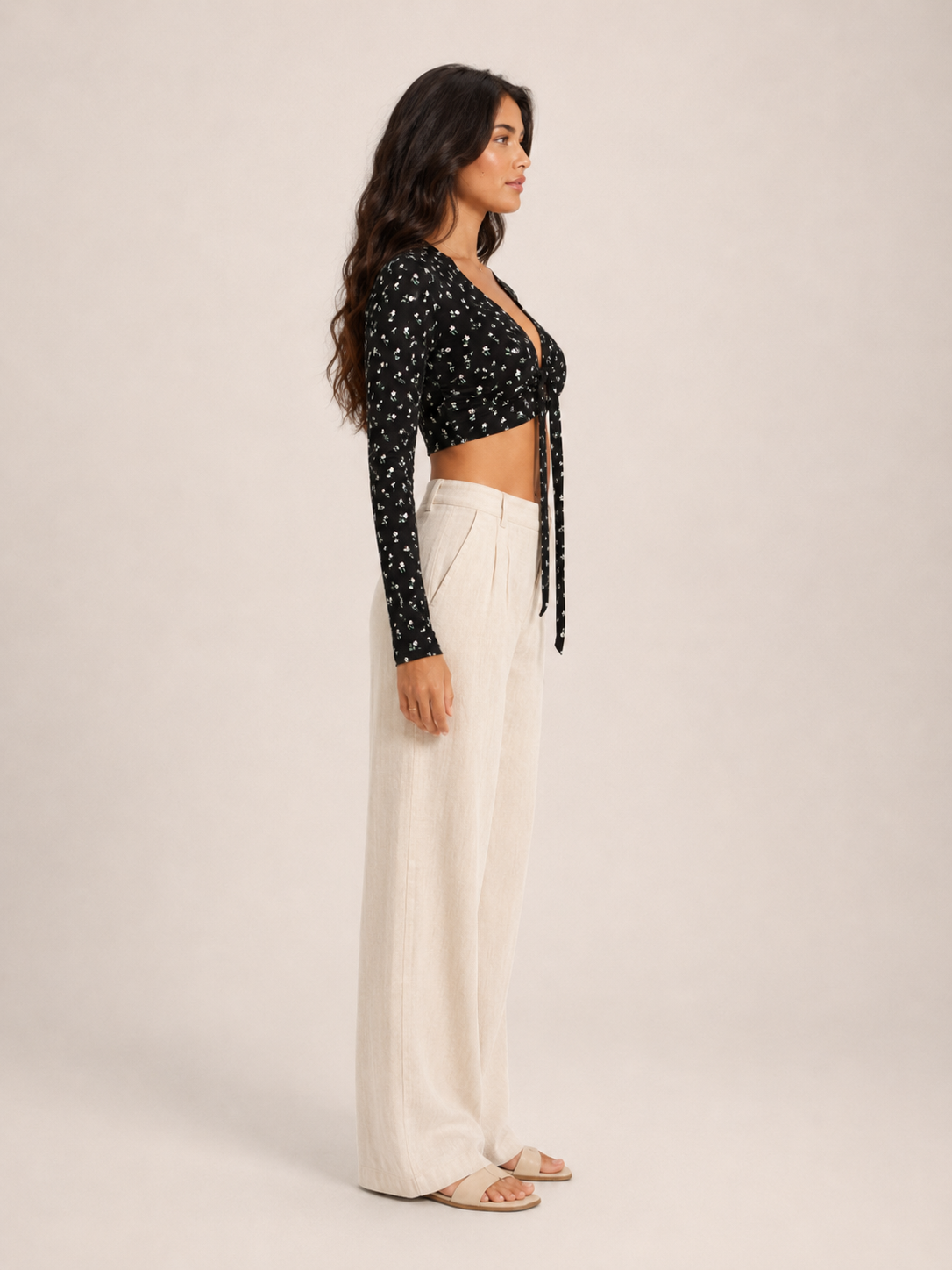 Loovay Floriva Top, Crop Top met Bloemenprint en Strik