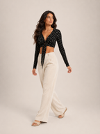 Loovay Floriva Top, Crop Top met Bloemenprint en Strik