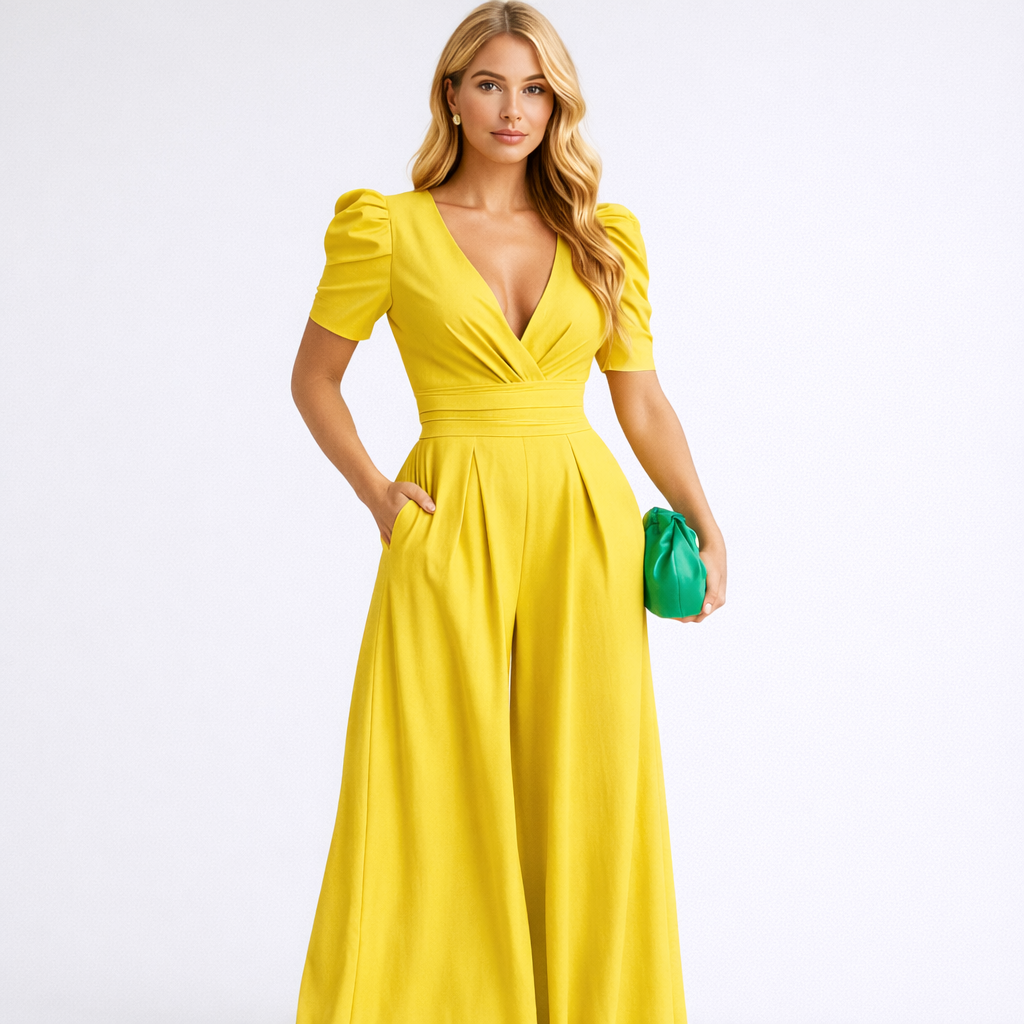 Loovay - Dames Elegante Jumpsuit met Puffmouwen en Wijde Pijpen