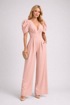Loovay - Dames Elegante Jumpsuit met Puffmouwen en Wijde Pijpen