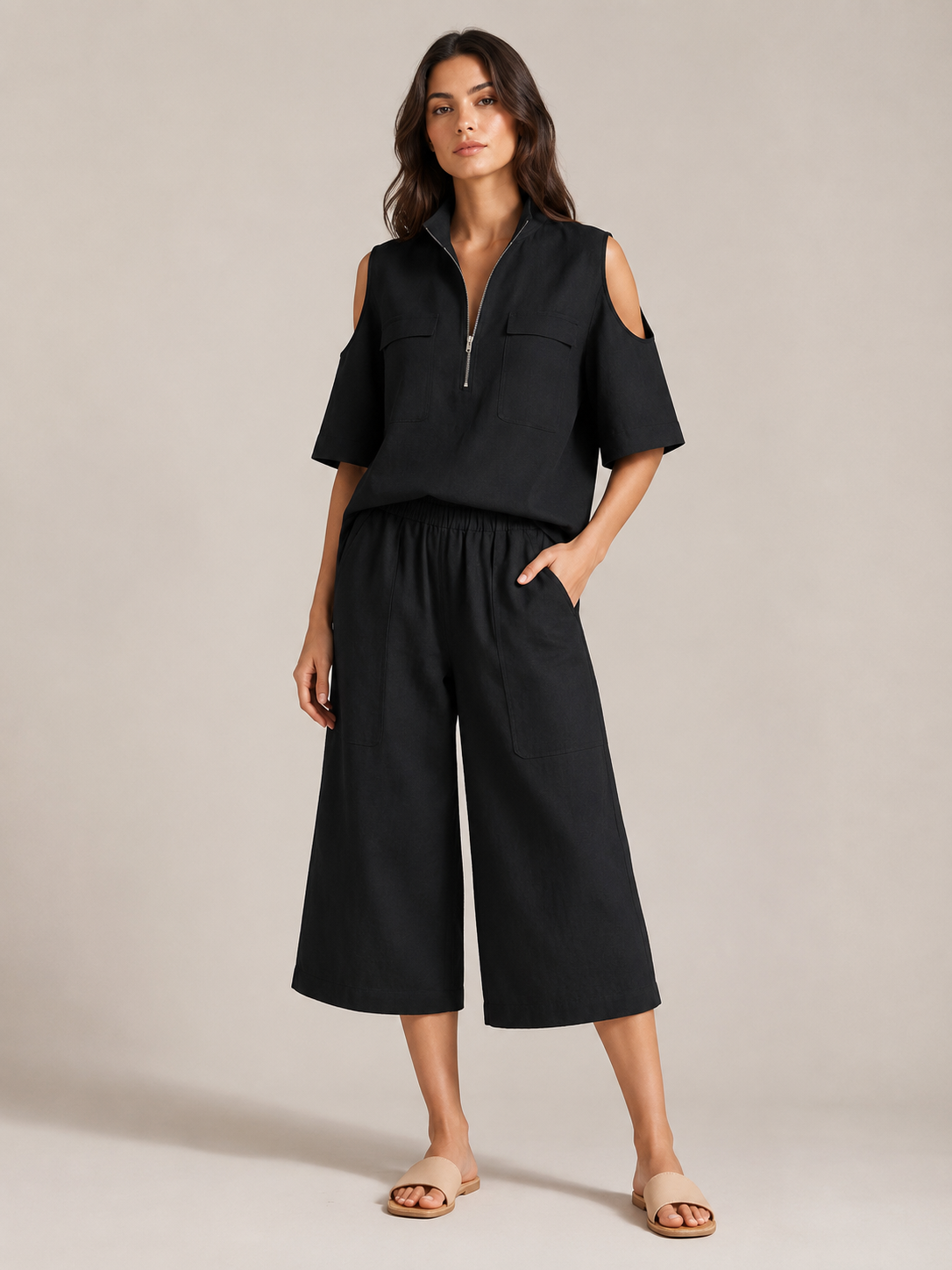 Loovay Viorena Set met Cold Shoulder Top en Culotte