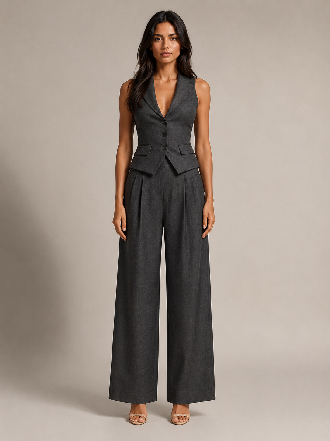 Loovay Belviane Gilet Set met Wide Leg Broek