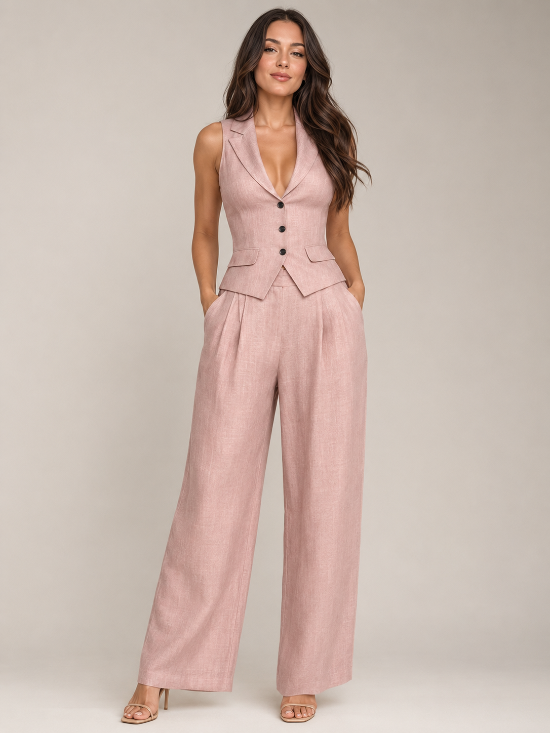 Loovay Belviane Gilet Set met Wide Leg Broek