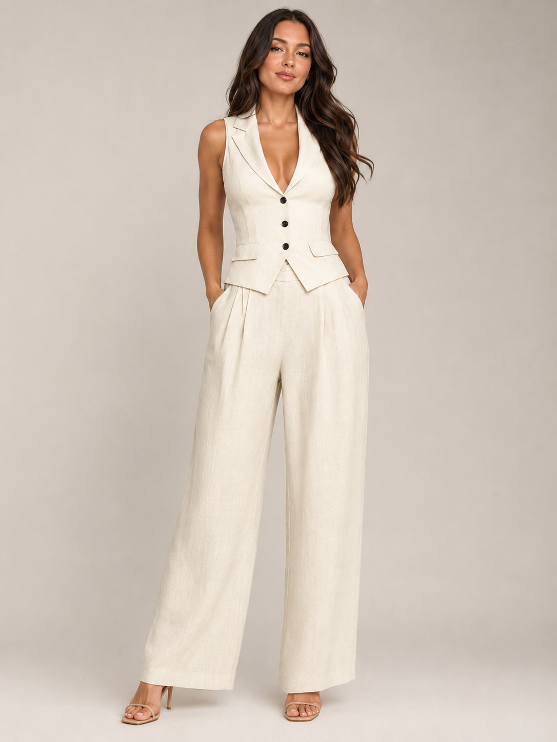 Loovay Belviane Gilet Set met Wide Leg Broek