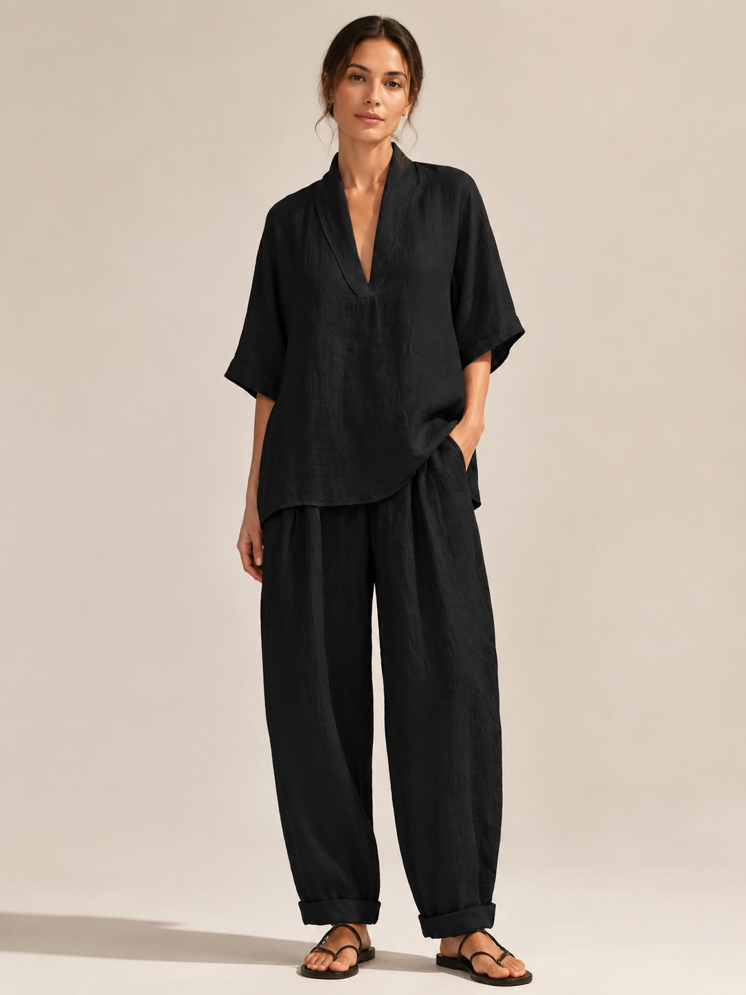 Loovay Avienne Set met V Hals Top en Wijde Broek