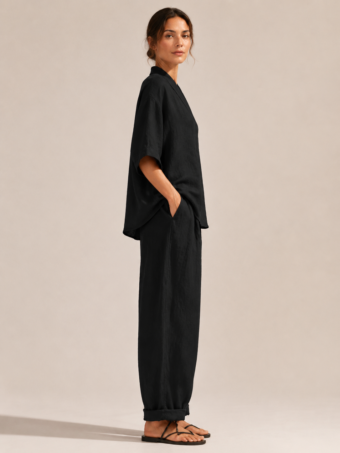 Loovay Avienne Set met V Hals Top en Wijde Broek