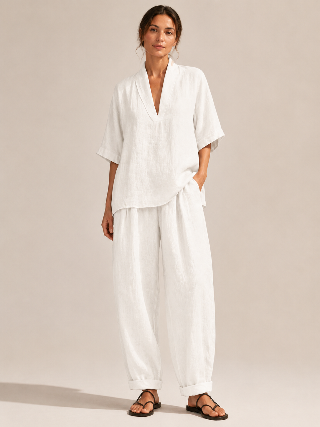 Loovay Avienne Set met V Hals Top en Wijde Broek