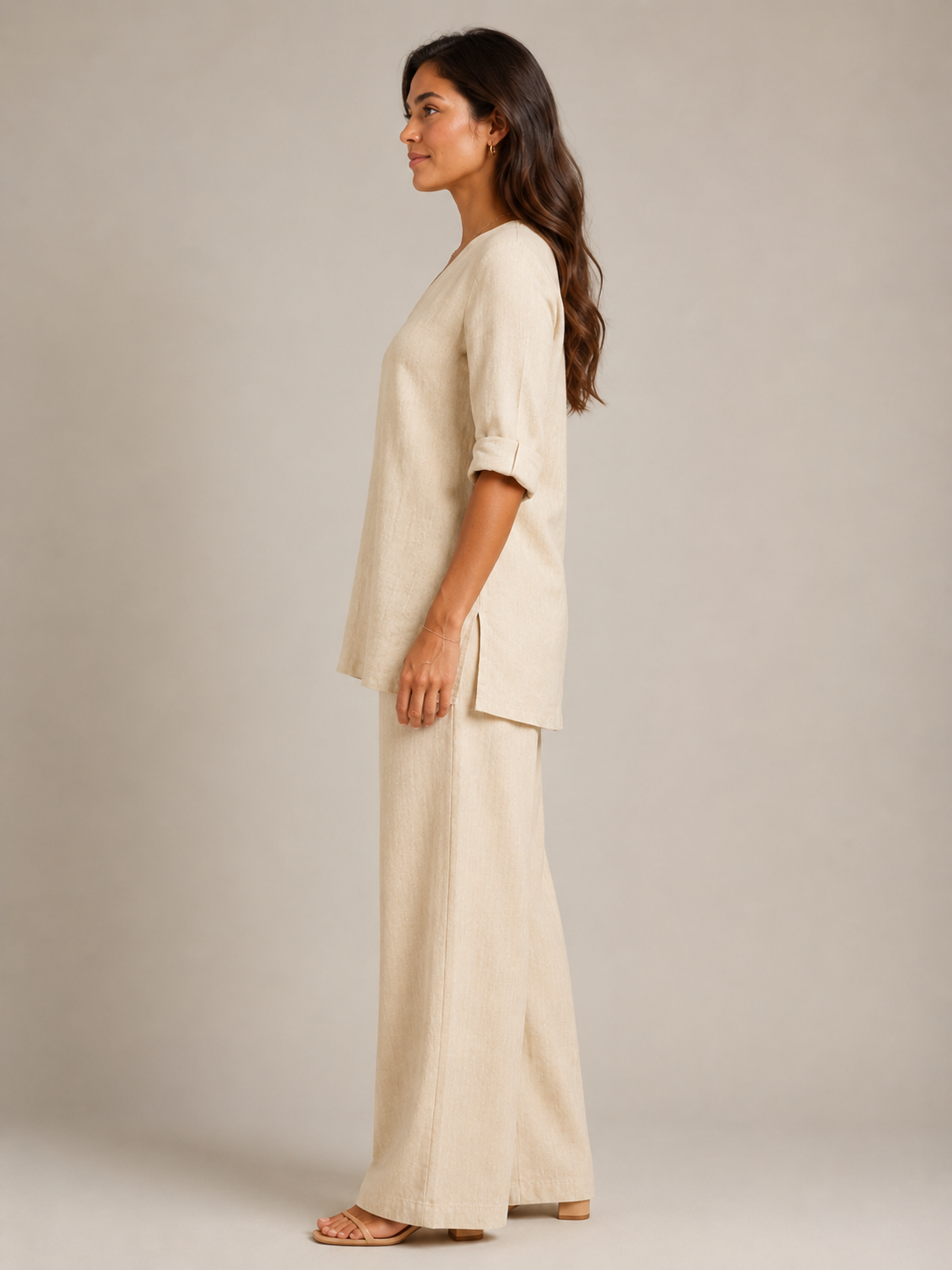 Loovay Renavia Linnenlook Set met V Hals Top