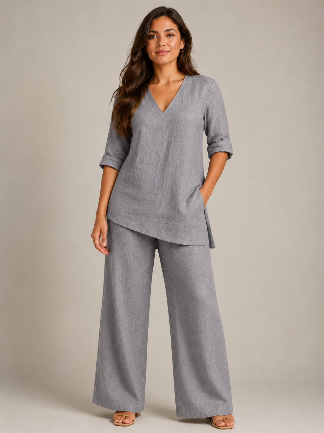 Loovay Renavia Linnenlook Set met V Hals Top