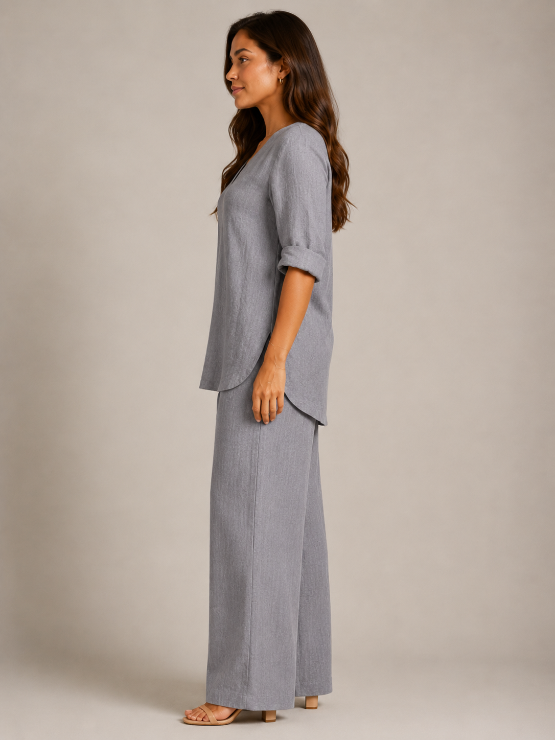Loovay Renavia Linnenlook Set met V Hals Top
