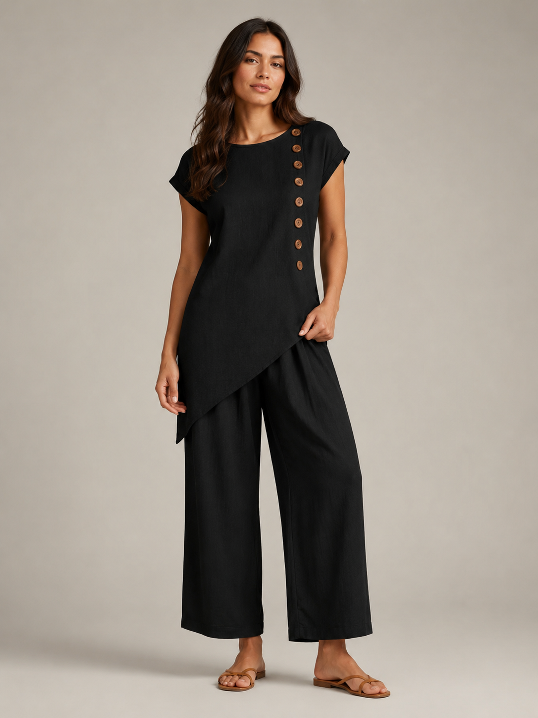 Loovay Avenza Tweedelige Set, Asymmetrische Top en Wijde Broek