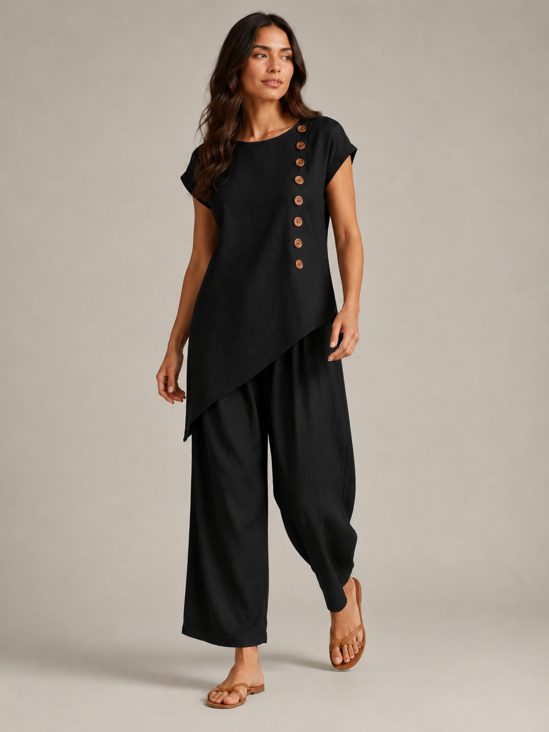 Loovay Avenza Tweedelige Set, Asymmetrische Top en Wijde Broek