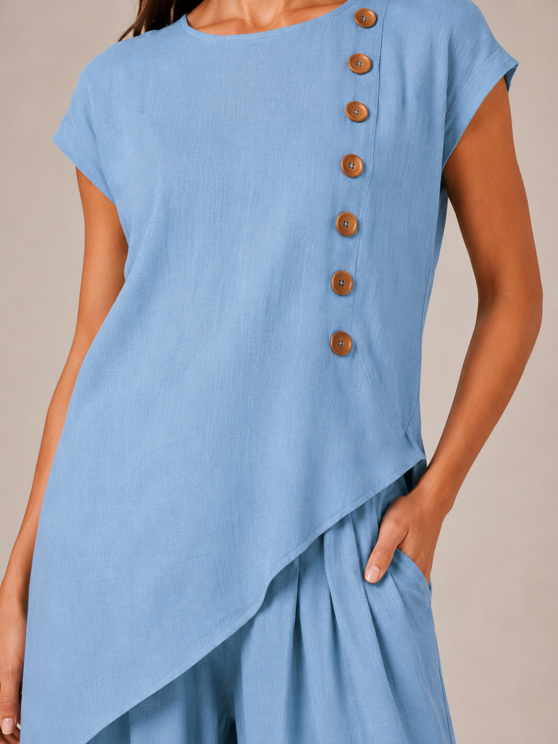 Loovay Avenza Tweedelige Set, Asymmetrische Top en Wijde Broek