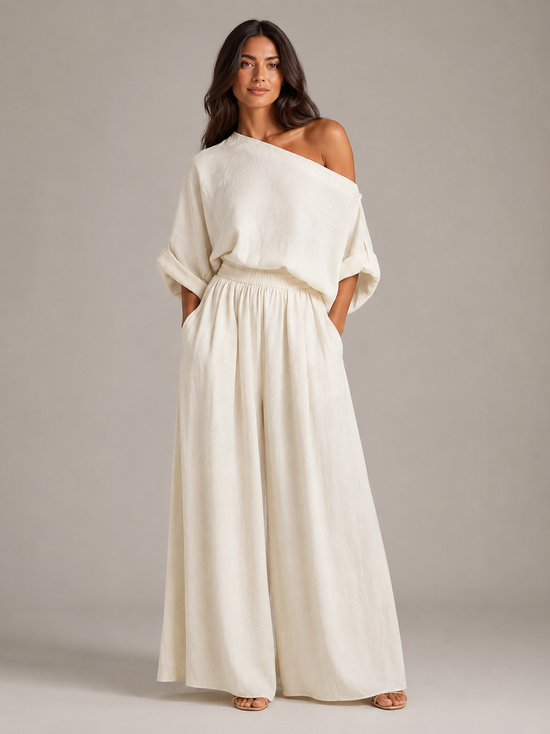 Loovay Aerelle Tweedelige Set, Asymmetrische Top en Wide Leg Broek