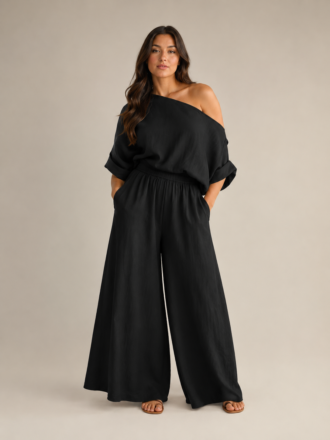 Loovay Aerelle Tweedelige Set, Asymmetrische Top en Wide Leg Broek