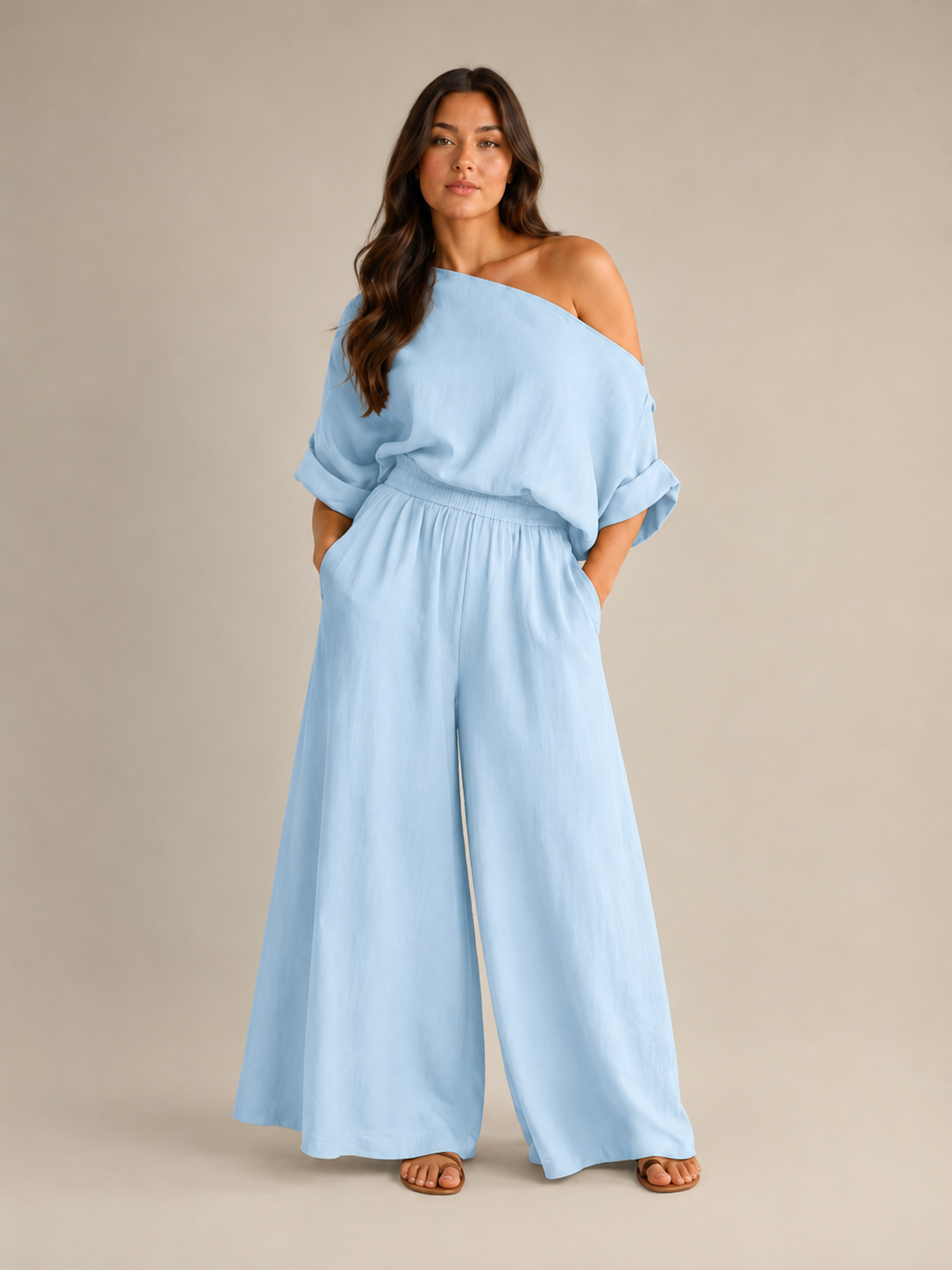 Loovay Aerelle Tweedelige Set, Asymmetrische Top en Wide Leg Broek
