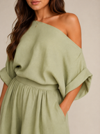 Loovay Aerelle Tweedelige Set, Asymmetrische Top en Wide Leg Broek