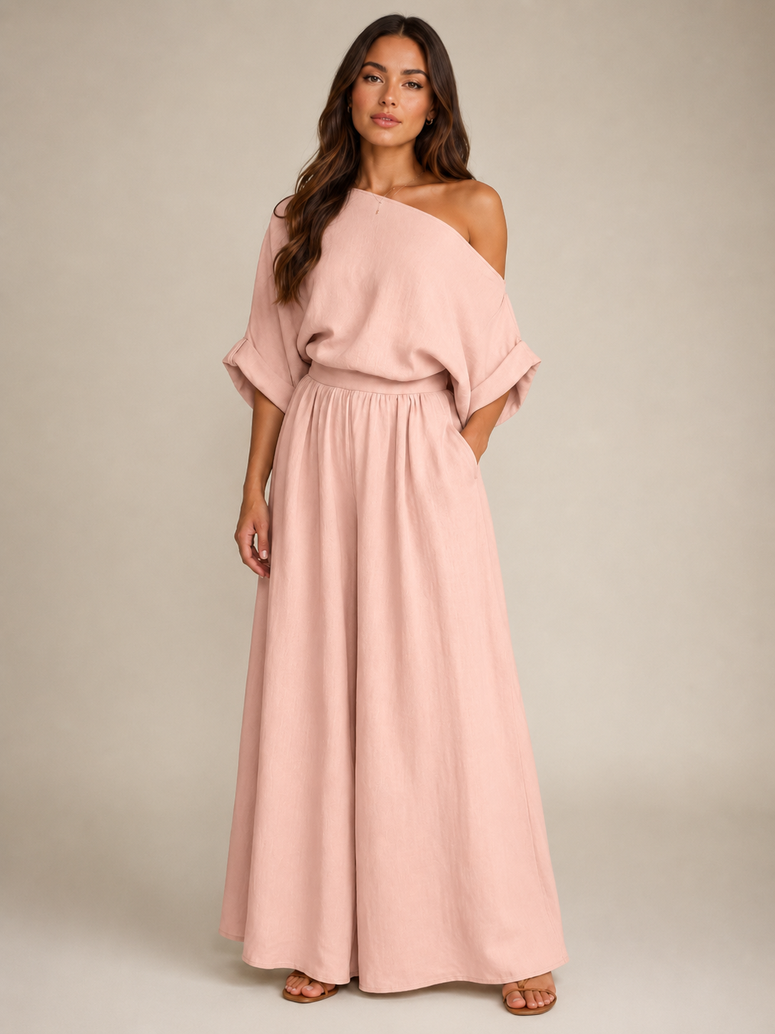 Loovay Aerelle Tweedelige Set, Asymmetrische Top en Wide Leg Broek