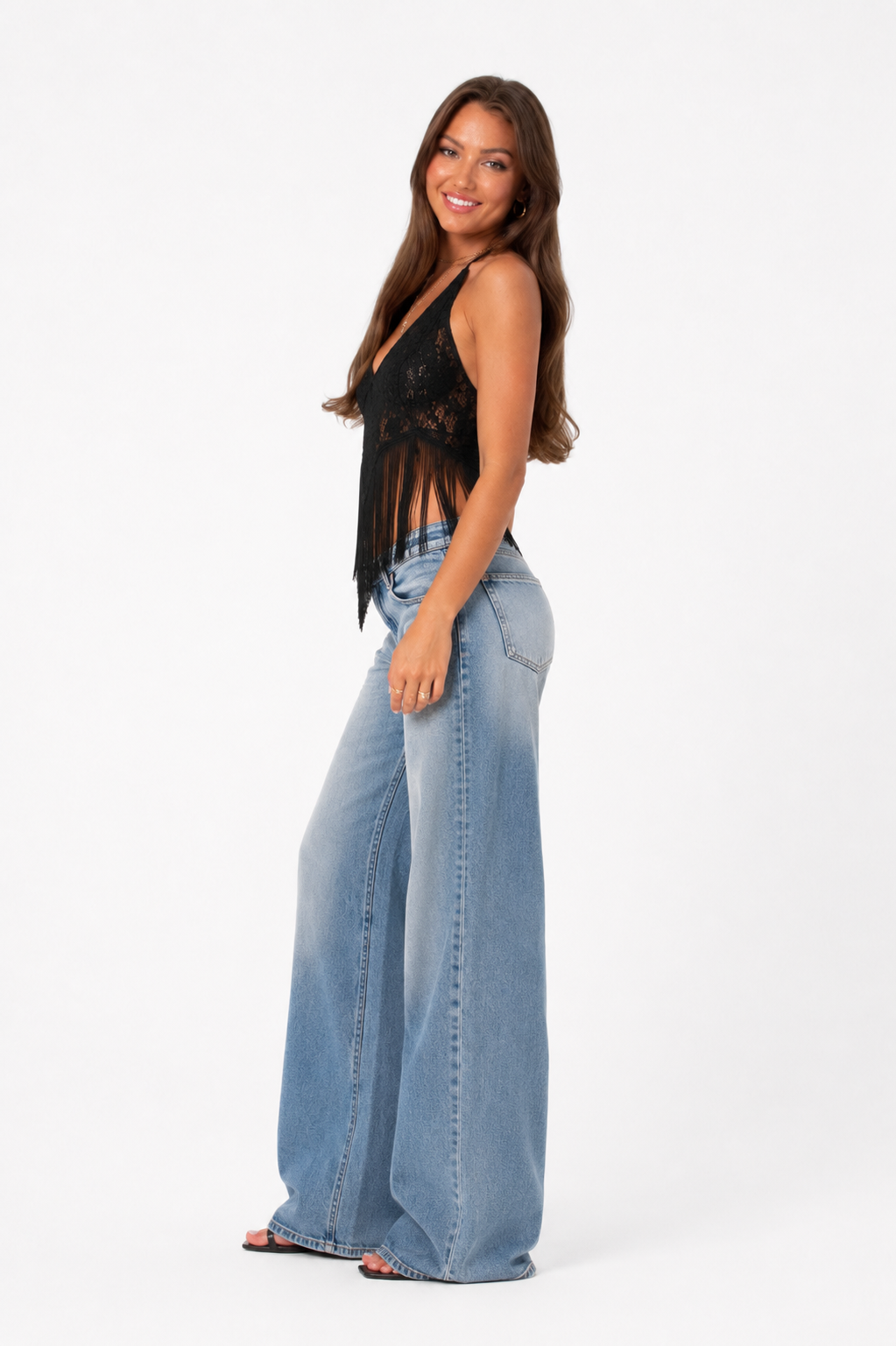 Loovay Seraphine Top, Halter met Kant en Franjes