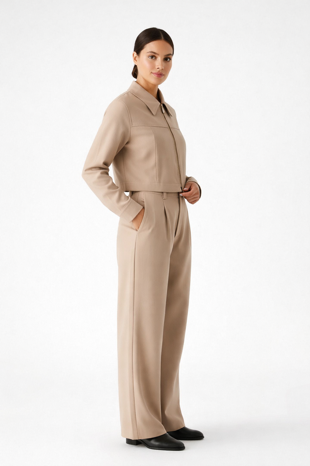 Loovay - Tweedelige Set Dames, Ritsjack & High-Waist Broek, Minimalistische Look