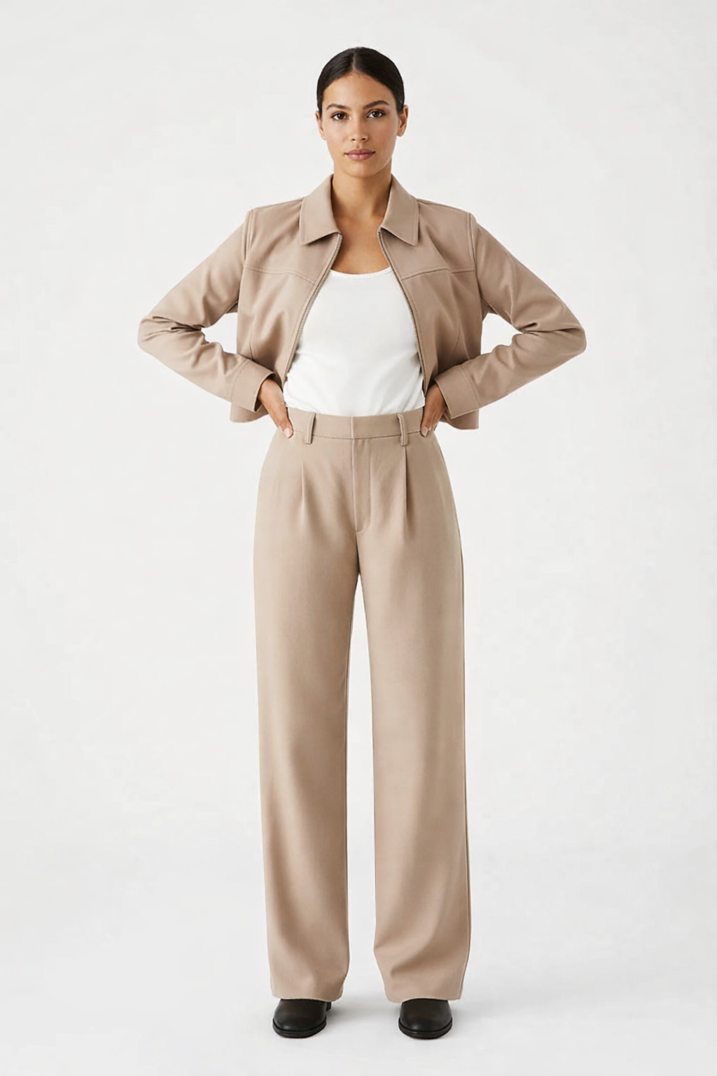 Loovay - Tweedelige Set Dames, Ritsjack & High-Waist Broek, Minimalistische Look