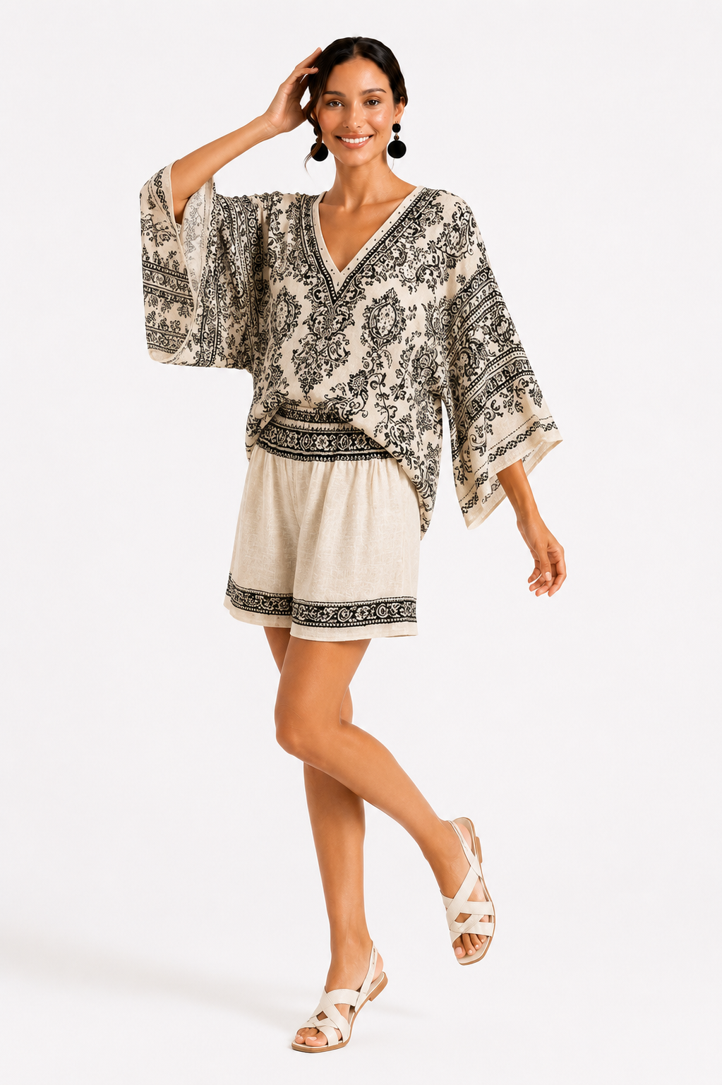 Loovay Solanique Set, Retro Print met Vleermuismouwen