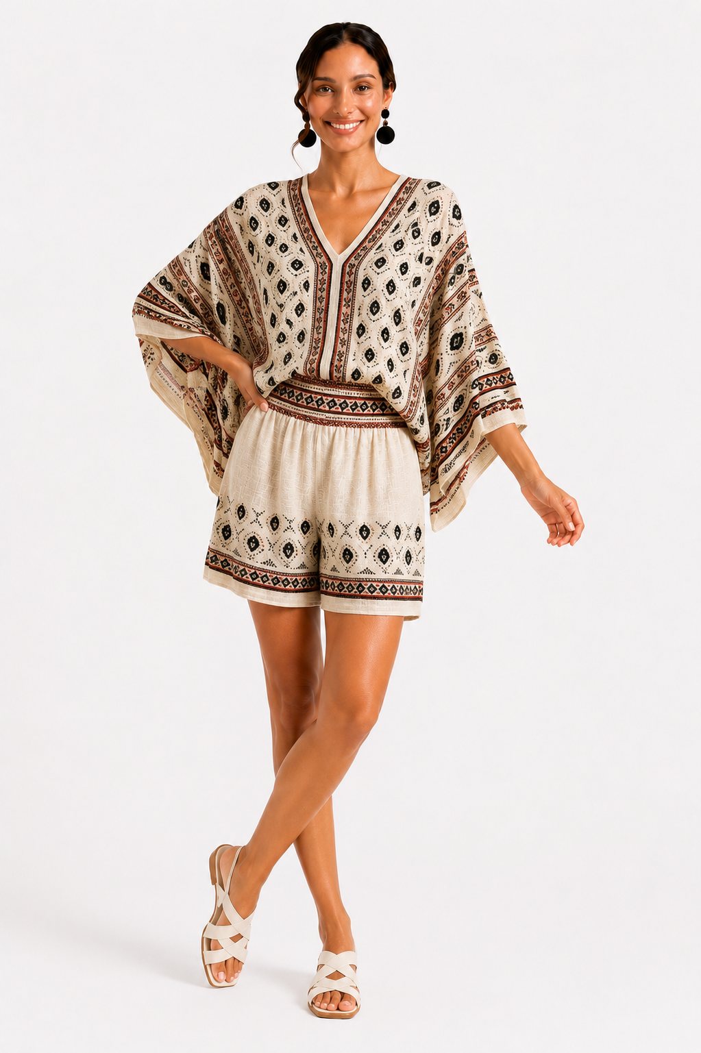 Loovay Solanique Set, Retro Print met Vleermuismouwen
