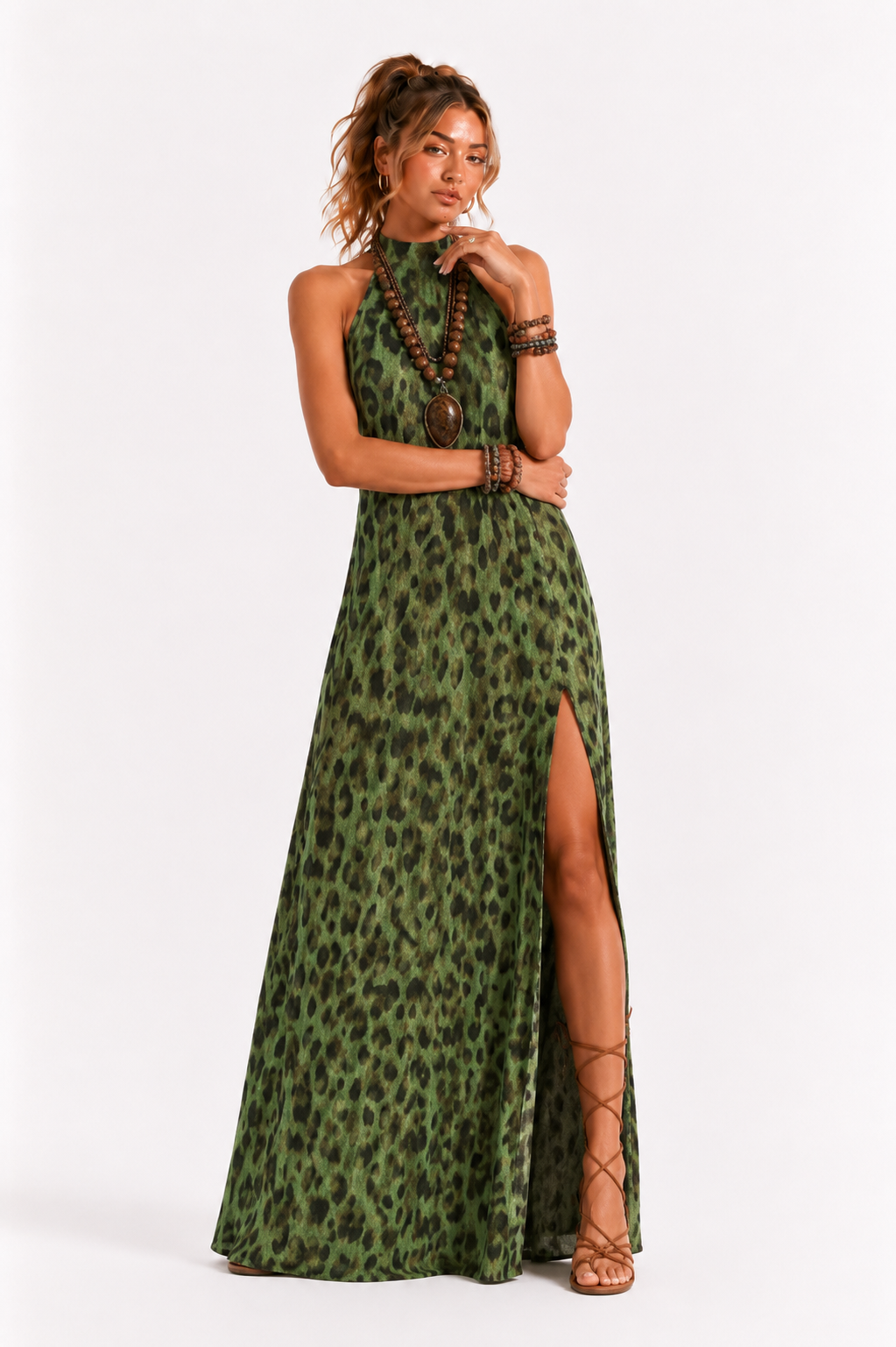 Loovay Zafélla Jurk, Halter Maxi met Dierenprint en Split