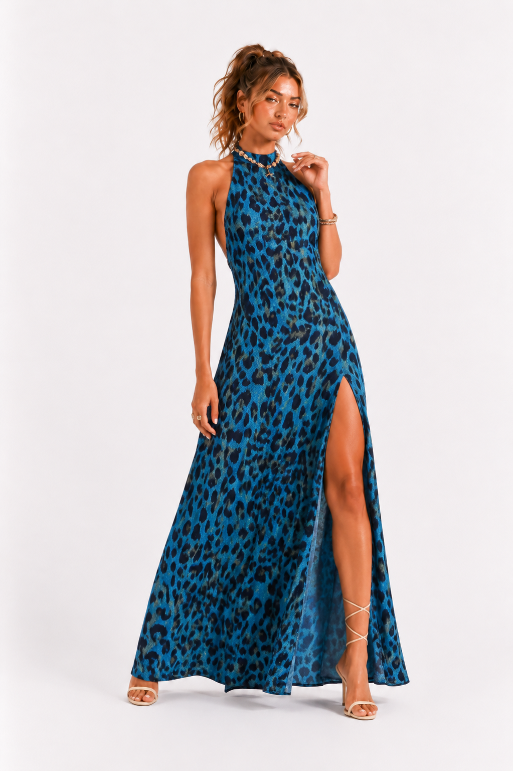 Loovay Zafélla Jurk, Halter Maxi met Dierenprint en Split