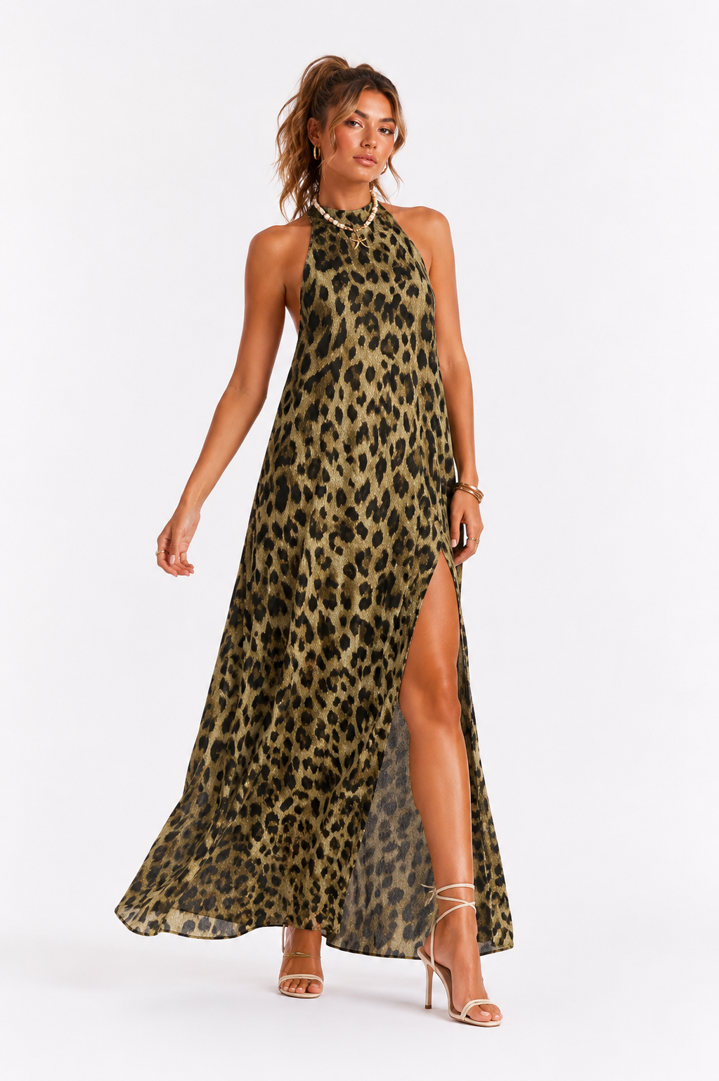 Loovay Zafélla Jurk, Halter Maxi met Dierenprint en Split
