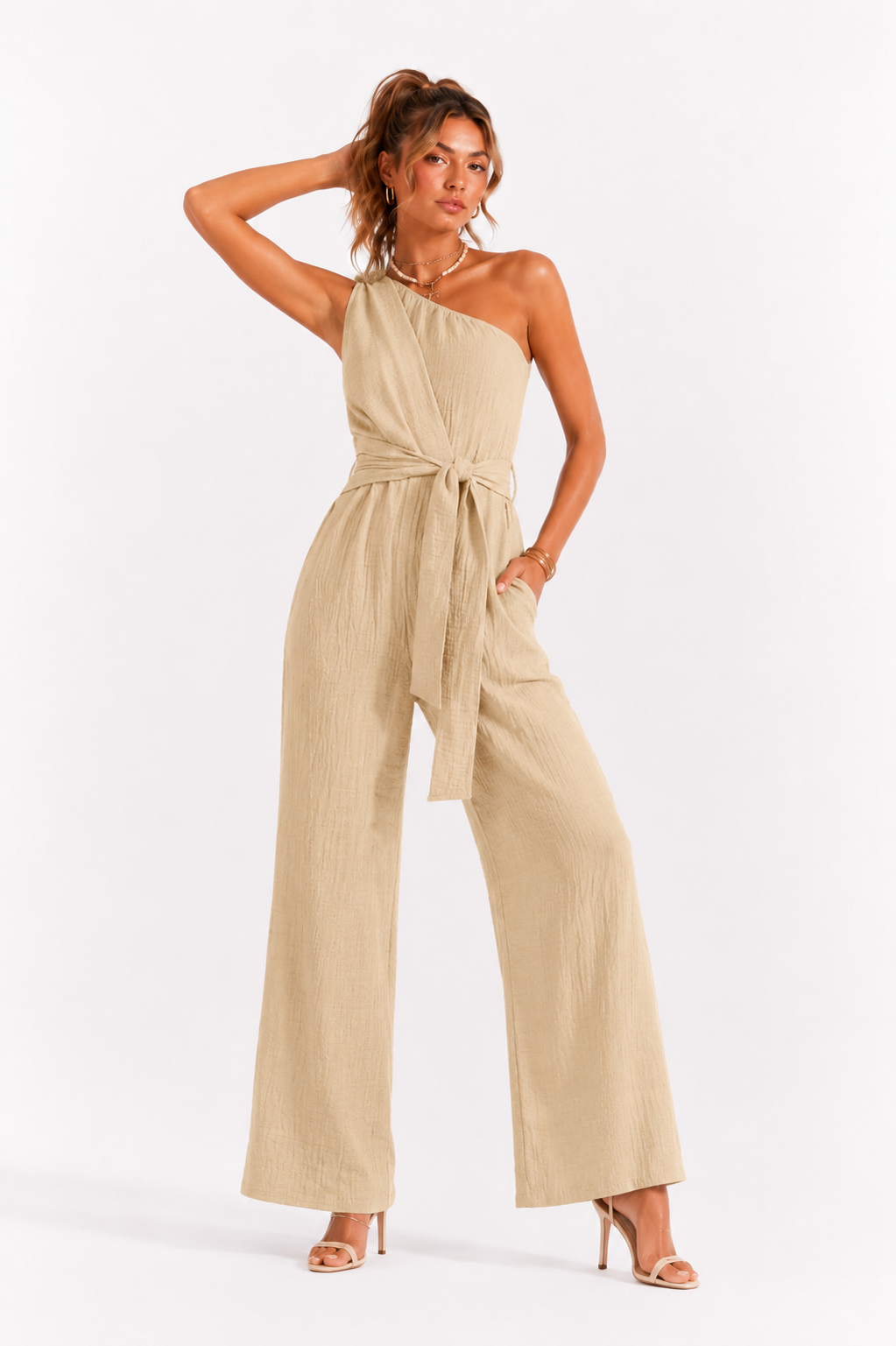 Loovay Valléstra Jumpsuit, One-Shoulder met Wijde Pijpen