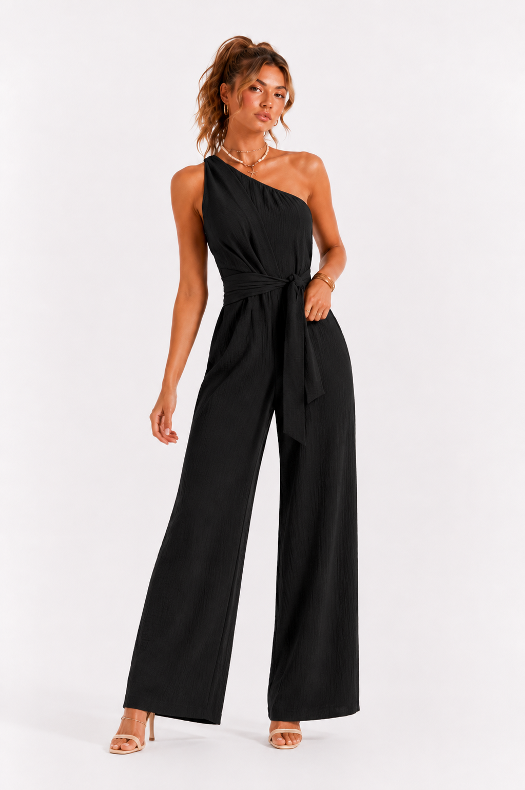 Loovay Valléstra Jumpsuit, One-Shoulder met Wijde Pijpen