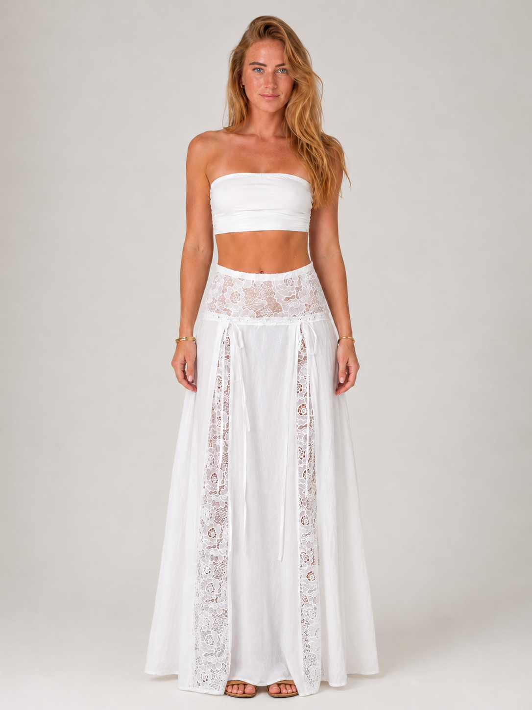 Loovay Prunella, Witte Maxi-Rok met Kantdetails