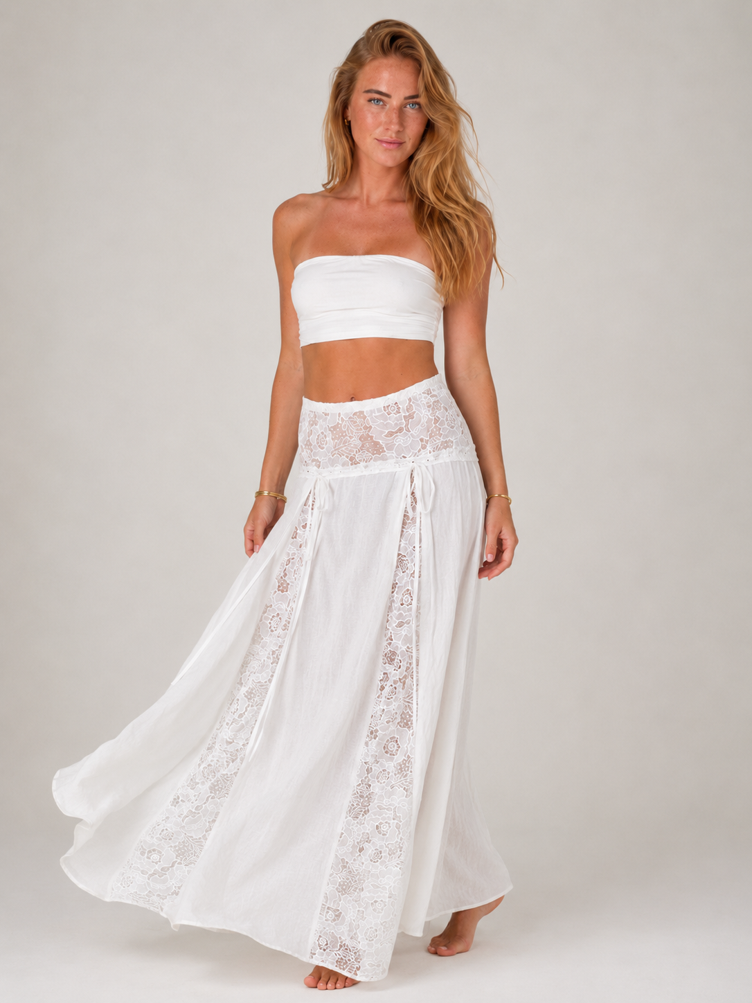 Loovay Prunella, Witte Maxi-Rok met Kantdetails