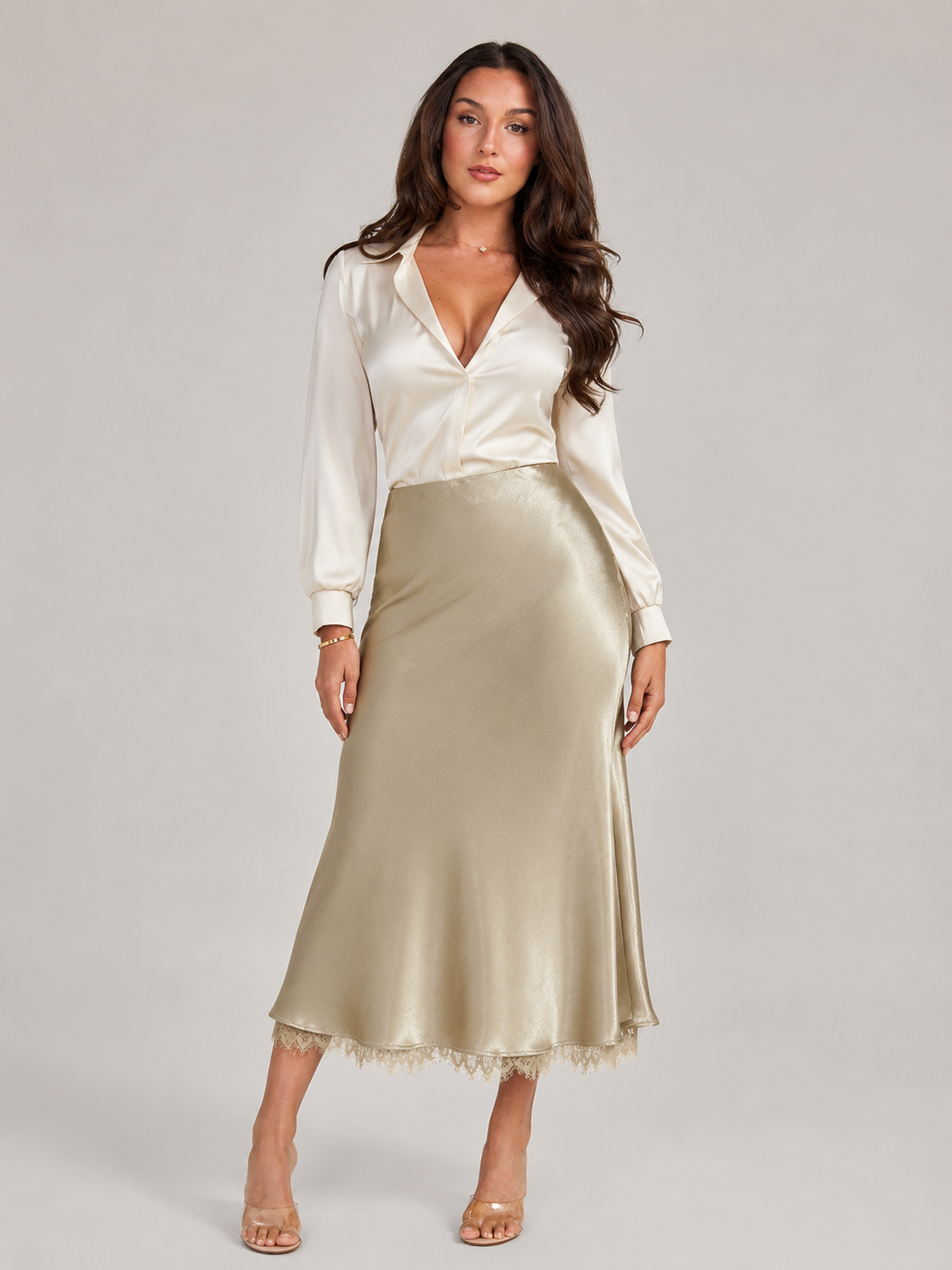 Loovay Satelle, Beige Maxi-Rok met Satijnlook