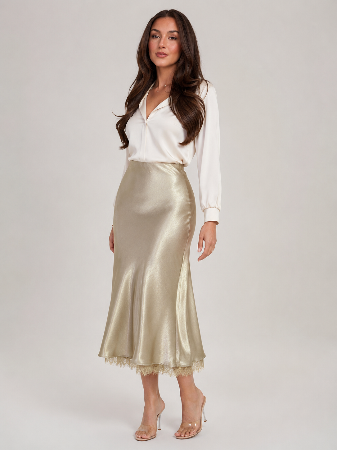 Loovay Satelle, Beige Maxi-Rok met Satijnlook