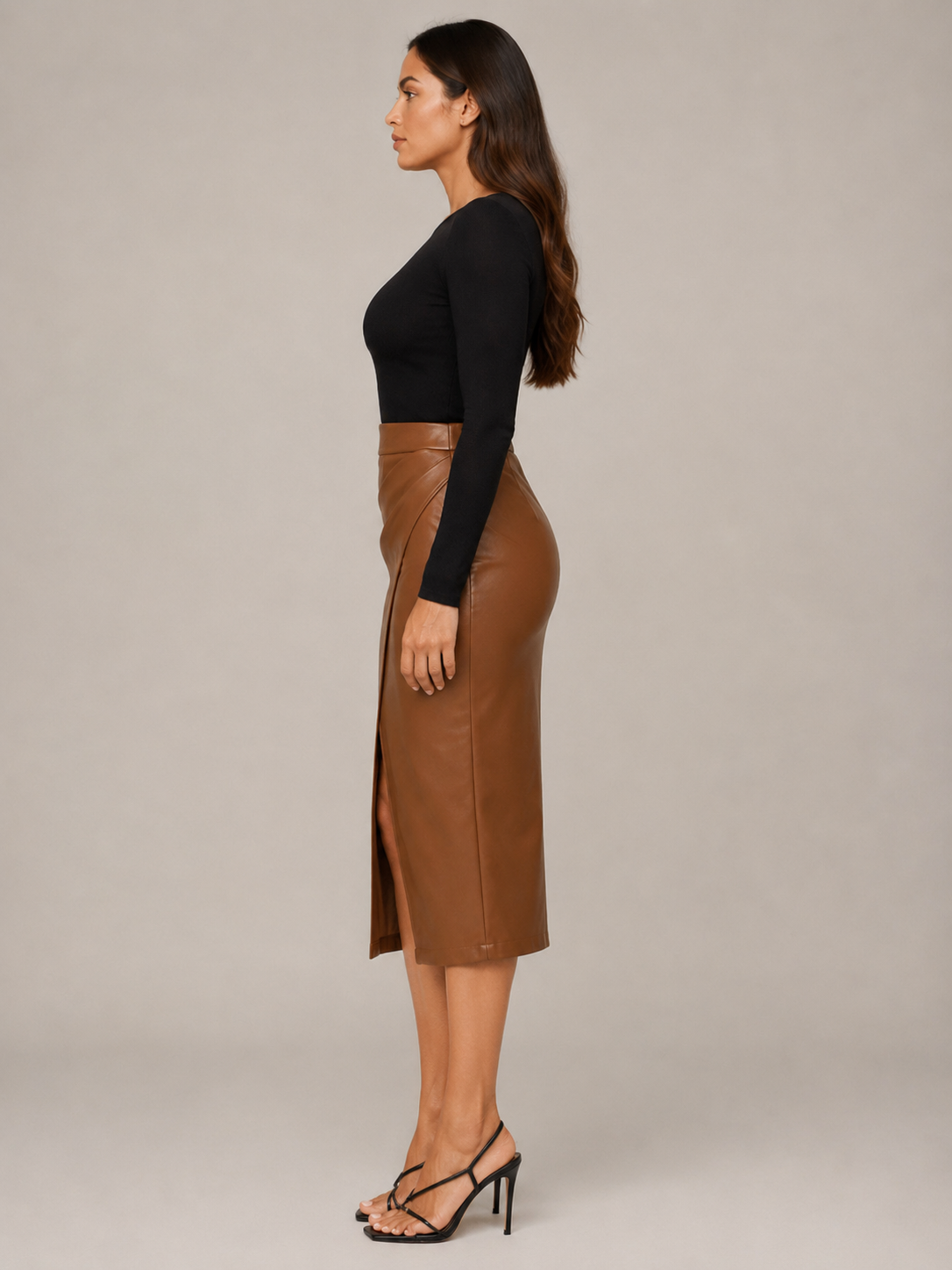 Loovay Virelle, Leren Look Midi-Rok met Split