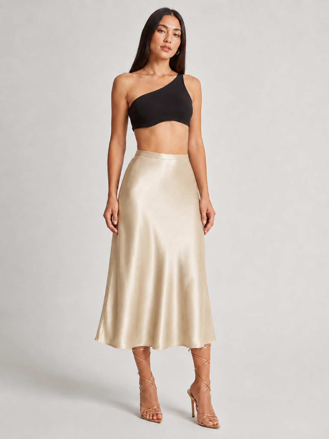 Loovay Luméra, Satijnlook Midi-Rok met Hoge Taille