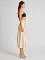 Loovay Luméra, Satijnlook Midi-Rok met Hoge Taille
