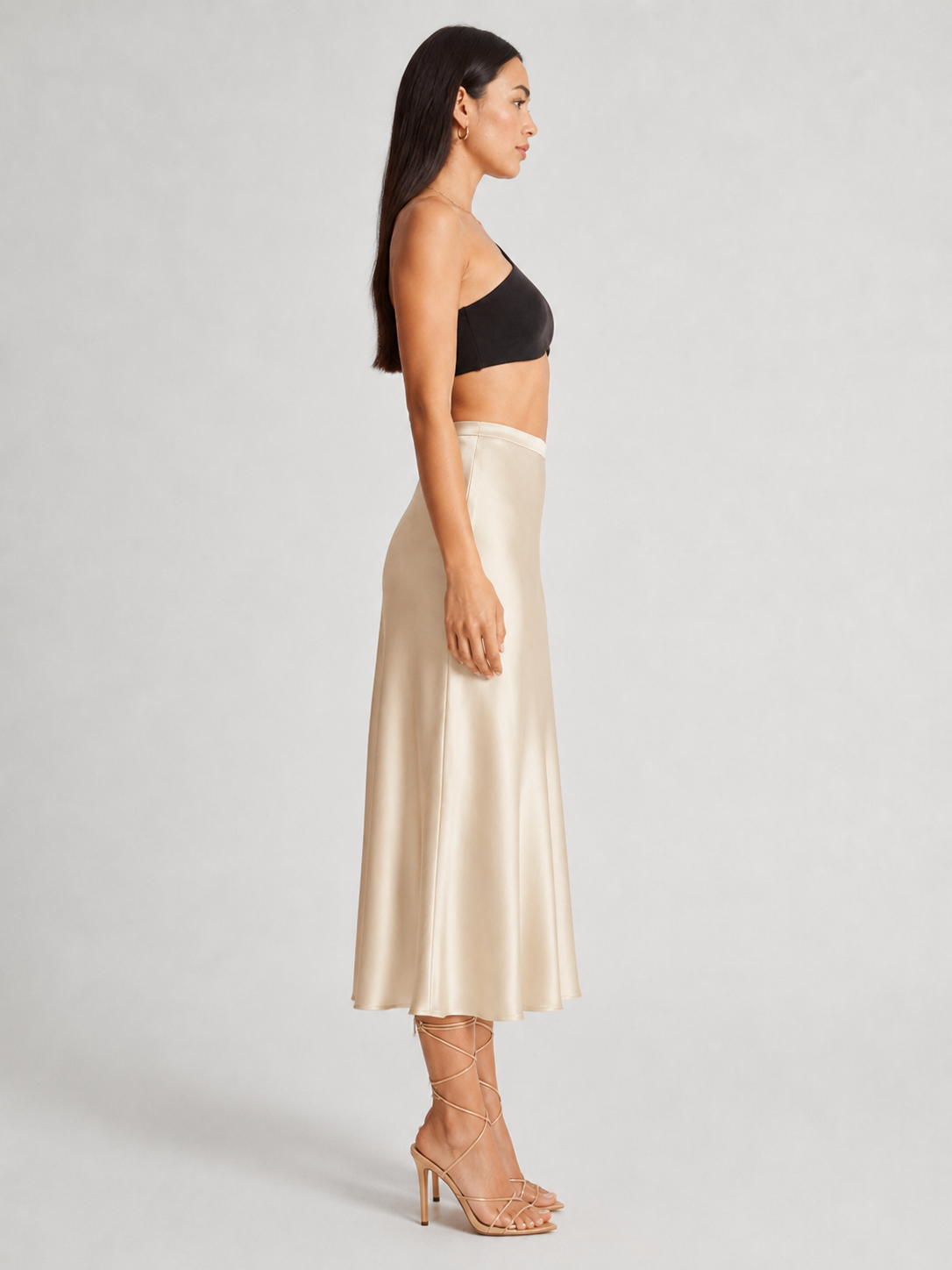 Loovay Luméra, Satijnlook Midi-Rok met Hoge Taille