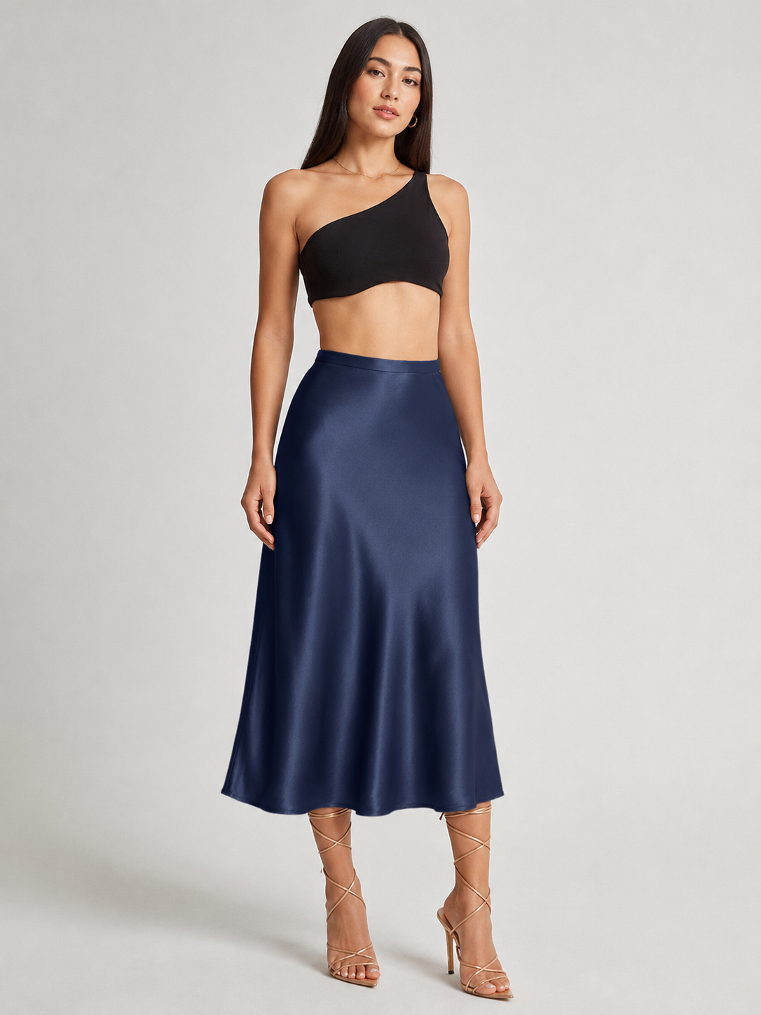 Loovay Luméra, Satijnlook Midi-Rok met Hoge Taille