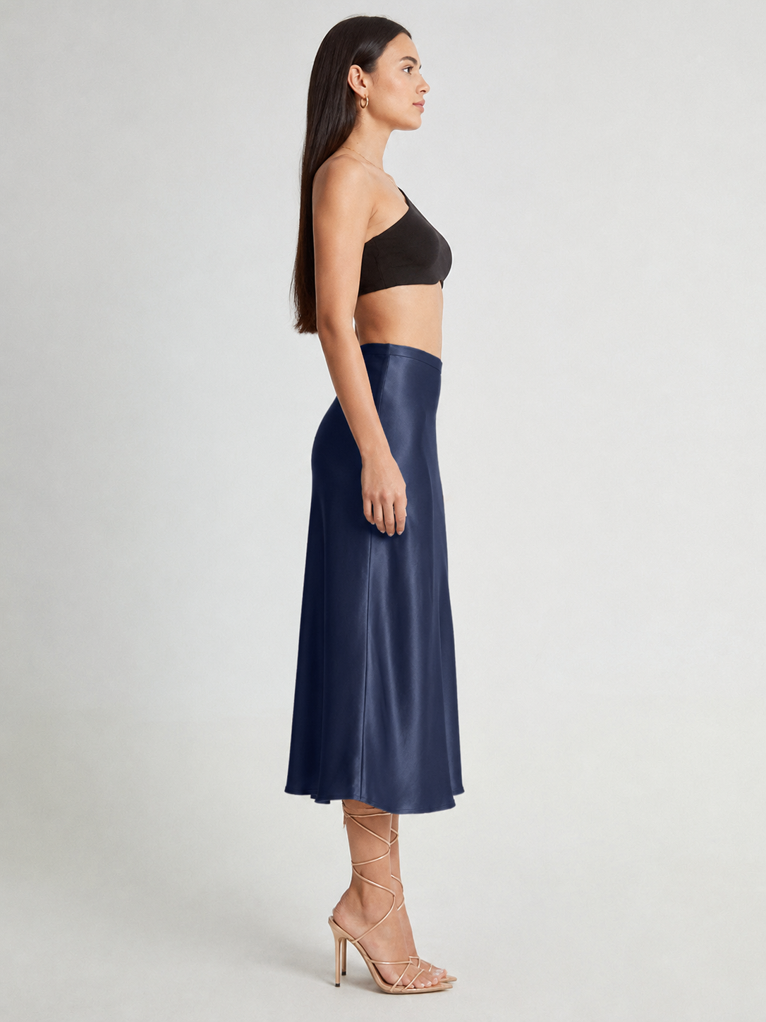 Loovay Luméra, Satijnlook Midi-Rok met Hoge Taille