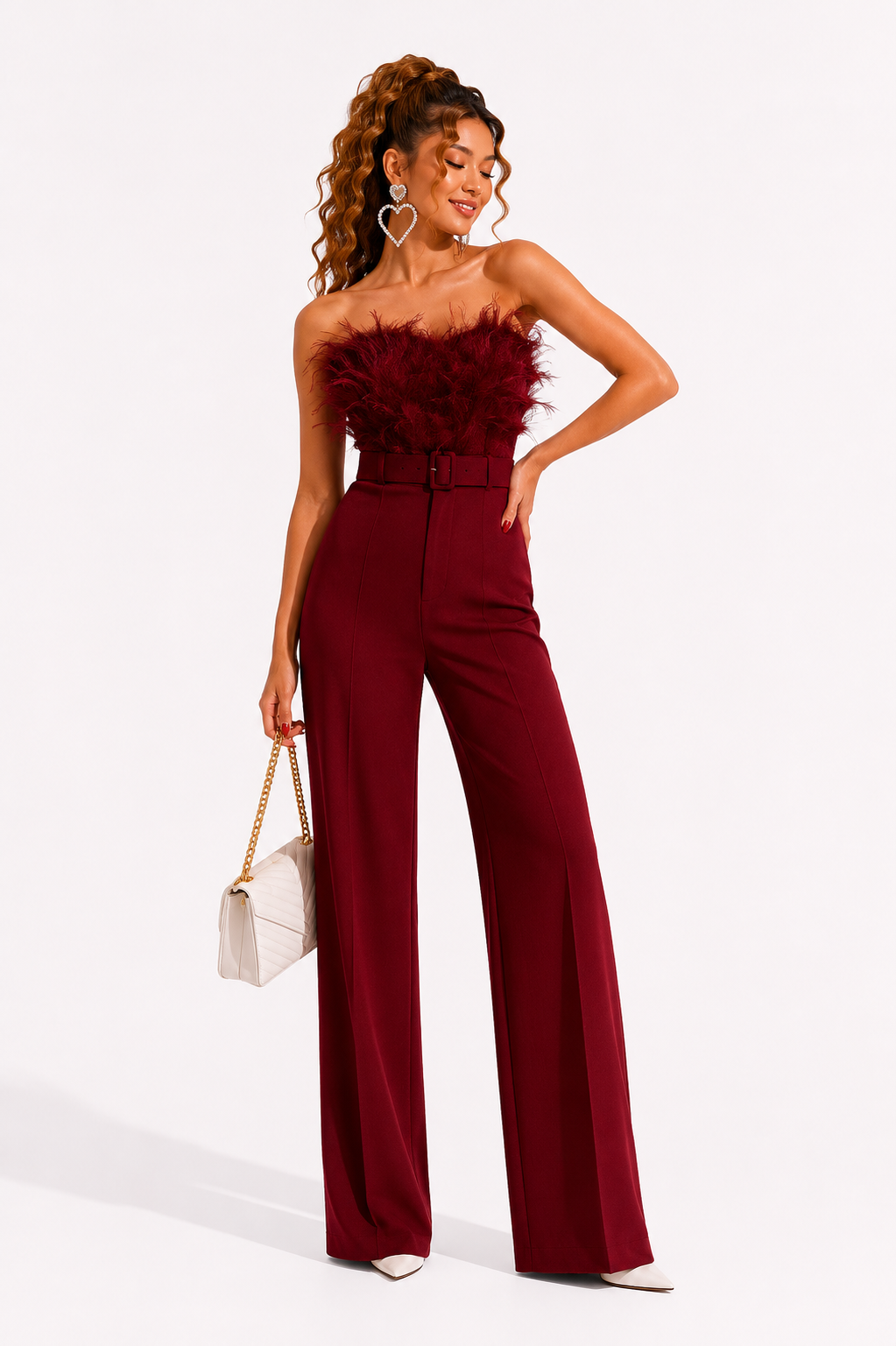 Loovay Veloura Jumpsuit, Strapless Wide Leg met Tailleceintuur