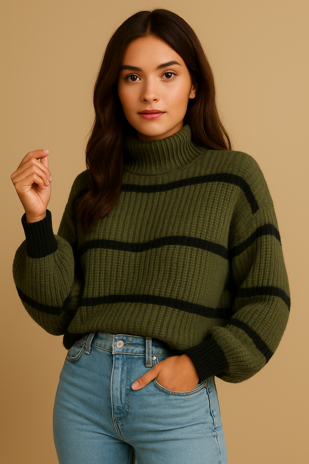 Noelle – Gebreide trui met hoge hals en stijlvolle strepen