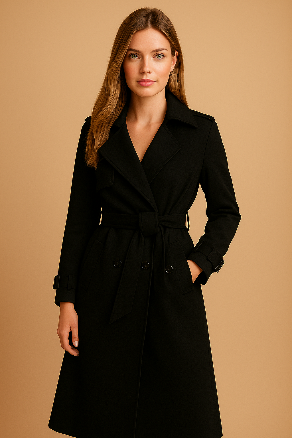 Émara – Lange elegante damesmantel met dubbele knopen