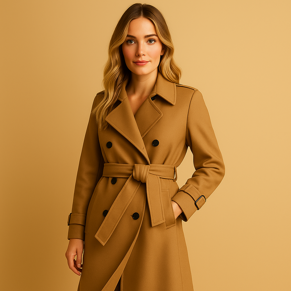 Émara – Lange elegante damesmantel met dubbele knopen